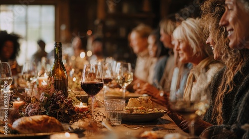 Gathering of friends enjoying dinner with wine and food at a table decorated with candles in a cozy setting