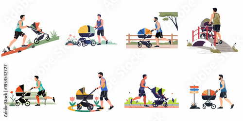 Set of flat illustrations depicting active fathers jogging and running with baby strollers in various outdoor park environments for a healthy lifestyle.
