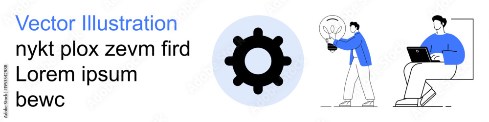 Fototapeta premium Teamwork, creativity, innovation, problem-solving, digital tools, productivity. Gear icon and people working with idea concept and laptop. Teamwork and creativity signify collaboration and solutions