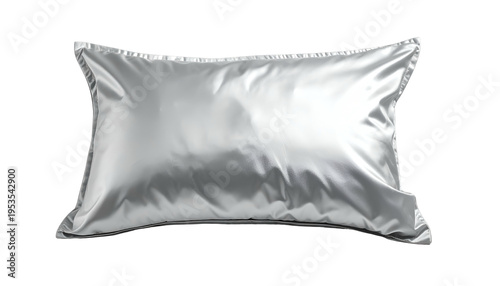 A studio shot of a shiny, silver pillow with a glossy, reflective surface against black