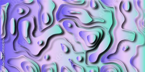 Abstract layered topography with vibrant gradient of purple and teal, featuring smooth undulating shapes and soft shadows for modern digital art and backgrounds