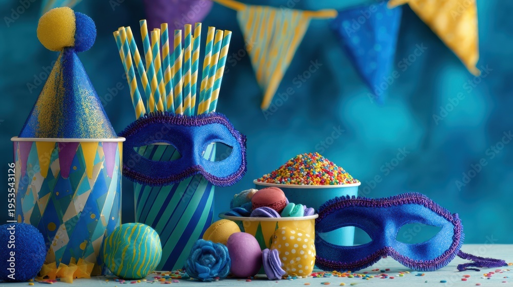 Obraz premium Purim Holiday Celebration Scene With Festive Decorations and Colorful Treats Taking Place at a Family Gathering or Community Event