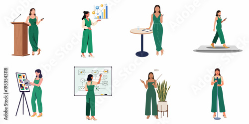 Set of illustrations depicting a professional woman in a green jumpsuit engaged in various business activities like speaking, presenting, and analyzing data.