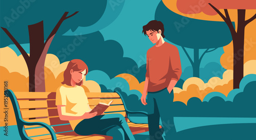 A vector illustration of a couple enjoying a moment in a park, the woman reading a book on a bench as a man stands nearby