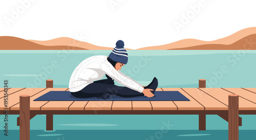 A winter yoga session by the lake captured in a minimalist vector illustration, conveying peace and wellness