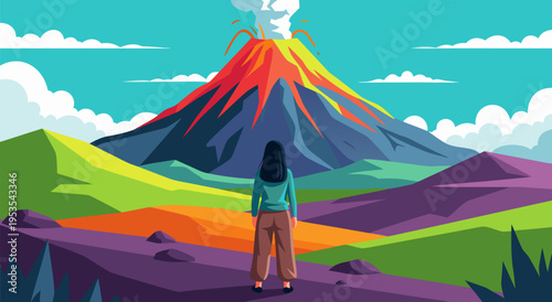 A Person Gazes at a Majestic Volcano Erupting with Vibrant Lava in this Stunning Vector Illustration of Nature's Power