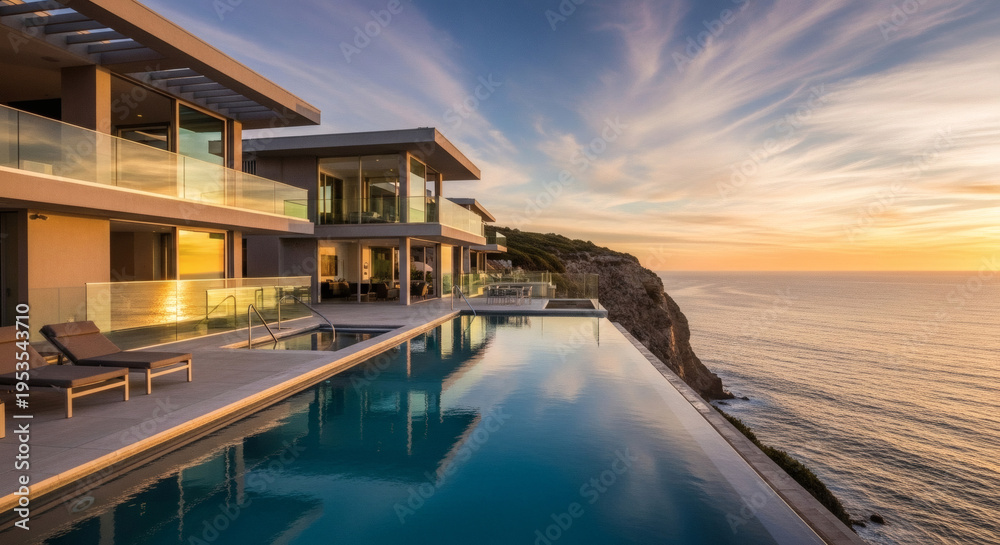 Fototapeta premium Luxury modern villa with infinity pool overlooking the ocean at sunset, a stunning architectural masterpiece