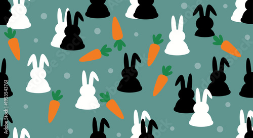 Black and white rabbit silhouettes with orange carrots scattered on a teal background.