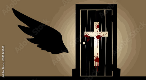 Wing and bloody cross on a door.