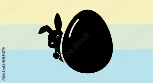 A cute black bunny peeking from behind a large black egg.