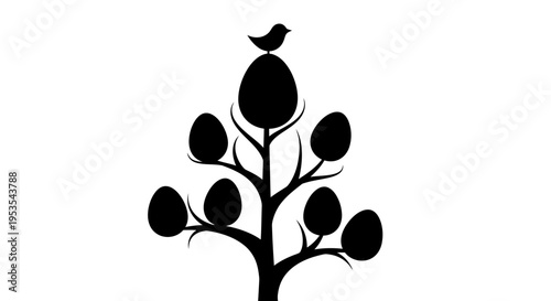 Stylized tree with bird and eggs representing growth and new life.