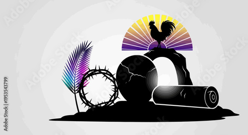 Easter symbols of the Passion of Christ with a rooster and palm branch.