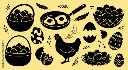 Collection of Easter and chicken egg themed silhouettes, including baskets, nests, and a frying pan.