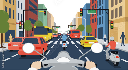 Urban Traffic Congestion: City Street with Cars, Buses, and Scooters