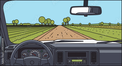 View from car dashboard on dirt road through rural landscape with trees