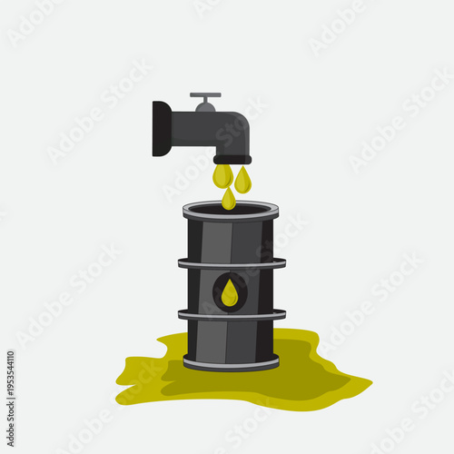 Vector illustration of oil dripping from a pipe into a barrel with spill on the ground. Concept of petroleum production, leakage, environmental risk, fuel industry, and global energy resources.