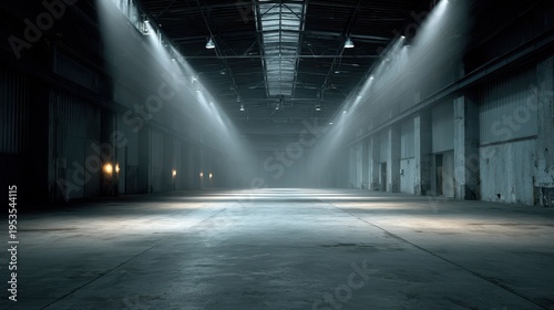 Large empty warehouse with light beams streaming through the roof during early morning hours