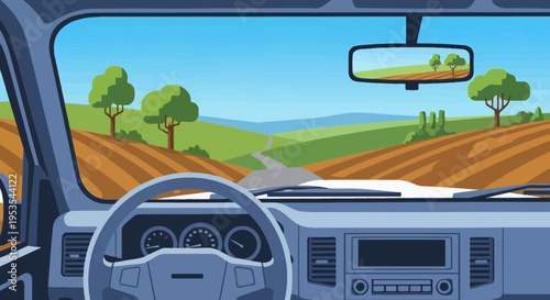 View from car dashboard of scenic countryside road trip and rolling hills.