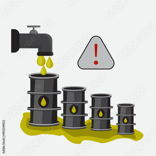 Vector illustration of oil dripping from a pipe into barrels with decreasing levels and warning sign. Concept of oil shortage, energy crisis, declining supply, environmental risk,