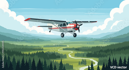 Vintage Seaplane Flying Over Green Forest Valley and Winding River