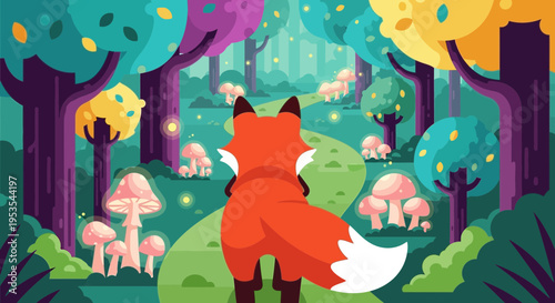 Whimsical Fox in Enchanted Forest with Glowing Mushrooms and Colorful Trees
