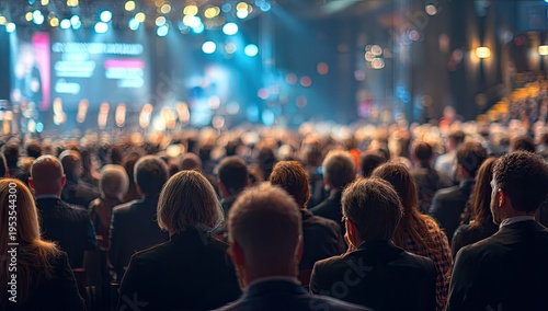 Audience Watching a Vibrant Stage Performance with Colorful Lights.