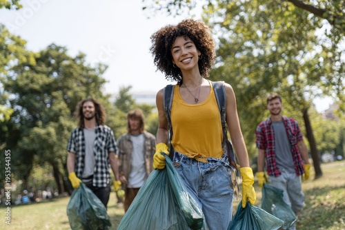 Group of volunteers picks up trash during community cleanup event in local park on a sunny day