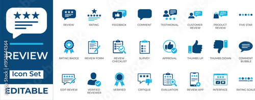 Review and feedback vector icon set. Features customer rating, survey, testimonial, and approval icons in modern blue duotone for UI and UX design.