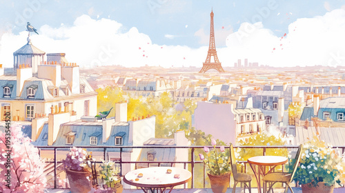 View from a balcony overlooking the Paris skyline with the Eiffel Tower and trees in the background during a sunny day