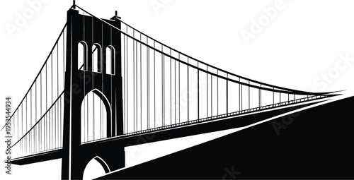 Black and white illustration of a large suspension bridge