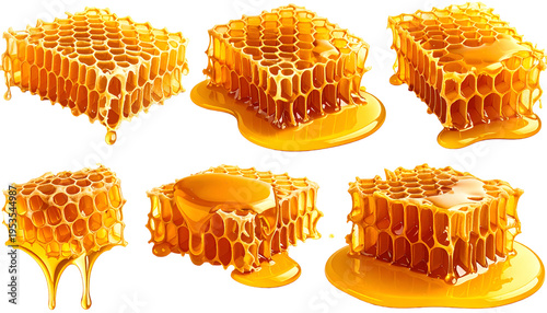 A collection of six golden honeycombs dripping with luscious, glistening honey