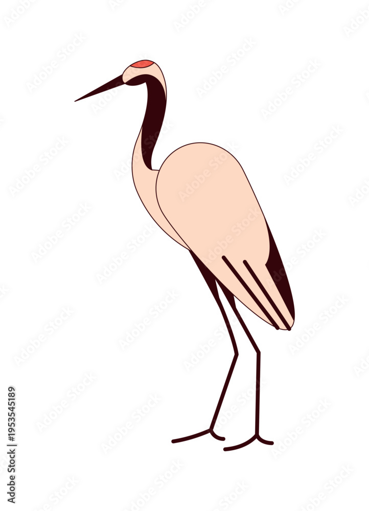 Fototapeta premium Standing crane bird illustration in clean flat design, japanese culture symbol for japan travel projects. Minimal clip art for poster, banner, web banner, greeting, invitation, and social media decora