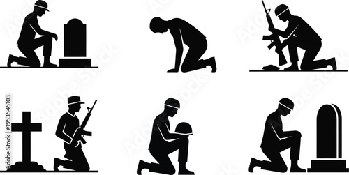 Memorial elements silhouette of people paying respects at graves and crosses