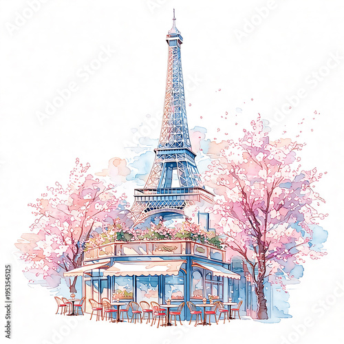 Eiffel Tower stands tall beside a cafe with cherry blossom trees in full bloom during spring in Paris