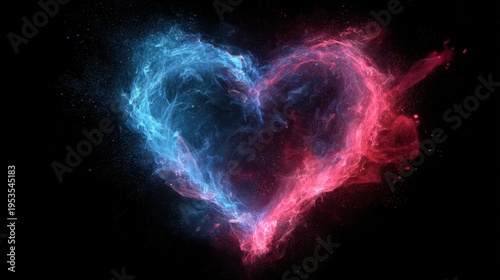 Colorful heart shape made of blue and red smoke in a dark background