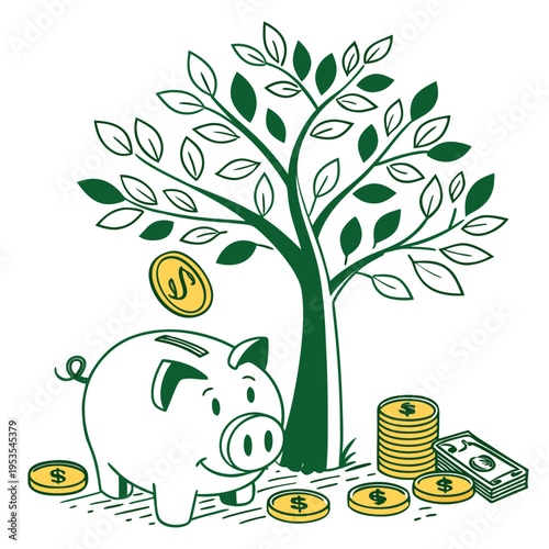 A piggy bank and tree with growing money