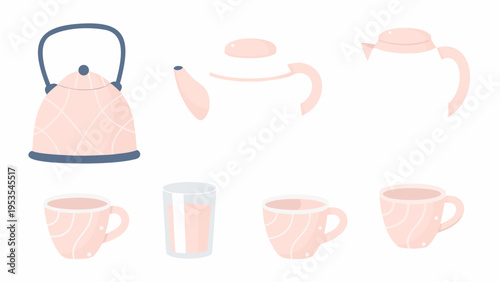 Pastel teapot cups and accessories isolated on a white background