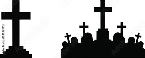 Memorial crosses and cemetery silhouettes for mourning and remembrance