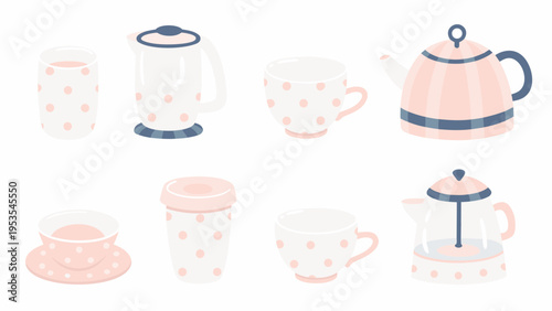 Collection of pastel colored teapots cups and a travel mug illustration