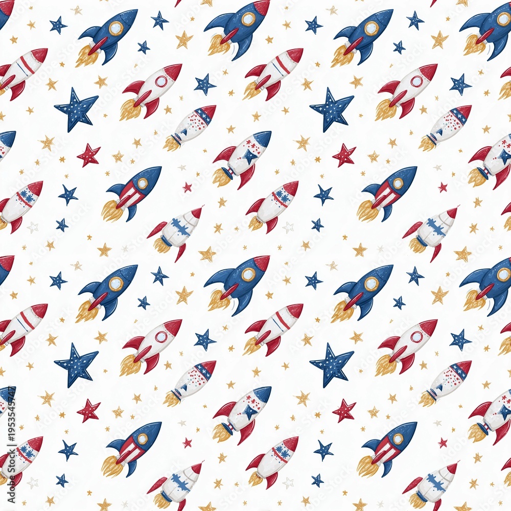 Fototapeta premium Seamless pattern featuring blue and red space rockets on a clean white background. Playful space-themed illustration perfect for kids textiles, nursery decor