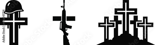 Memorial symbols and grave crosses for honoring fallen heroes and military veterans