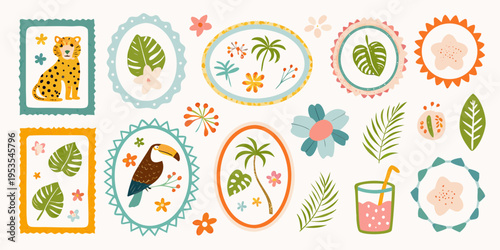 Tropical themed illustrations with foliage flowers and animal depictions