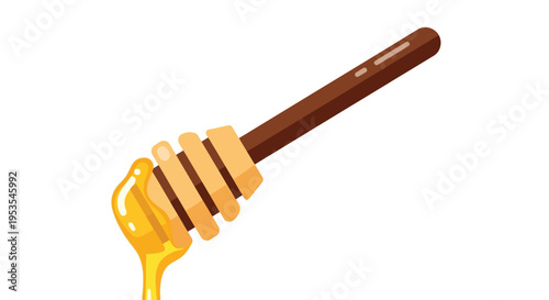 A wooden honey dipper tool with sweet golden natural honey dripping from its ridges