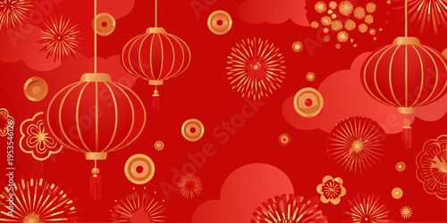 Festive red lanterns and firework bursts celebrate a vibrant occasion