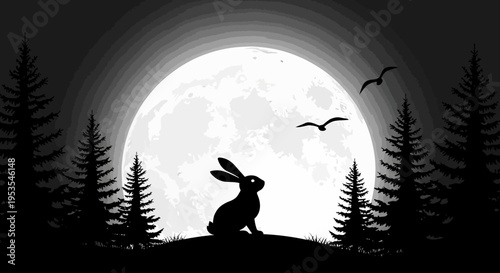 Silhouette of a rabbit sitting on a hill under a full moon.