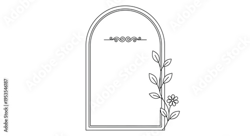Minimalist arched frame with delicate floral vine and decorative scroll ideal for wedding invitations