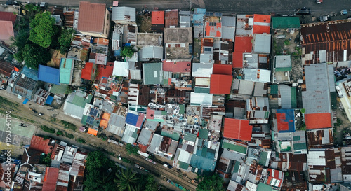 Vertical aerial view showing the intricate patterns of a crowded informal housing district.