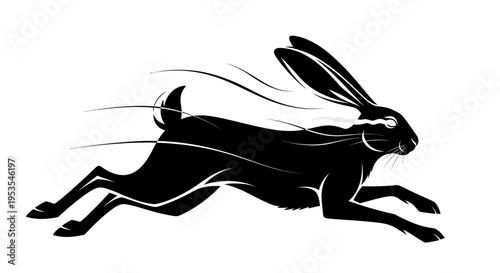 Dynamic black silhouette of a running hare in motion.