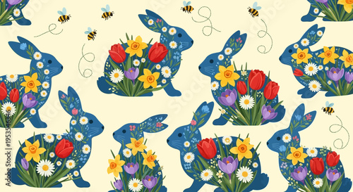 Blue Easter bunnies filled with colorful spring flowers and buzzing bees.