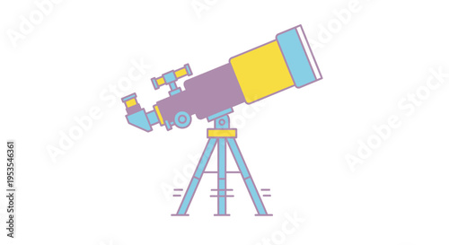 An illustration of a vibrant colored astronomical telescope on a tripod for space exploration
